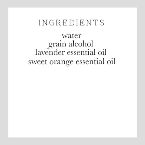 A simple ingredients label listing Lavande lavender room spray, centered in a plain square with a grey border designed for bathroom freshener.