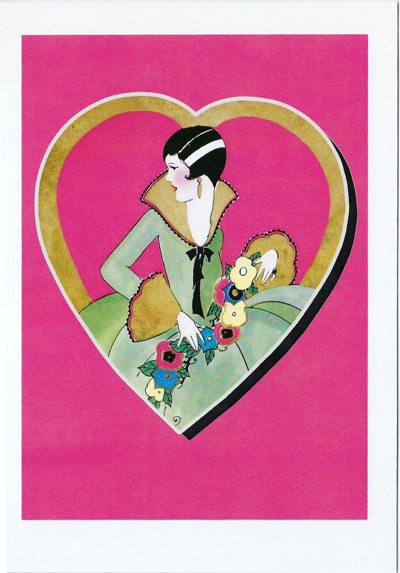 Art deco illustration of a stylish woman framed by a golden heart, on a pink background, holding a bouquet of colorful flowers, perfect for the Hampton Court Essential Luxuries All Occasion Greeting Card -Art Deco Woman in Heart.