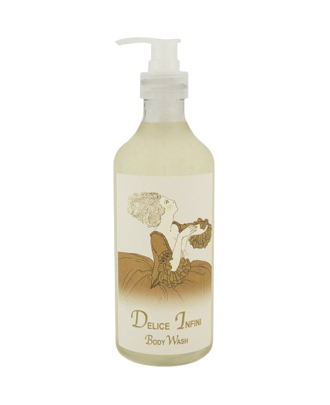 A bottle of "La Bouquetiere Delice Infini Hand & Body Wash" with a pump dispenser. The label features an artistic illustration of a woman with stylized hair smelling a large flower.