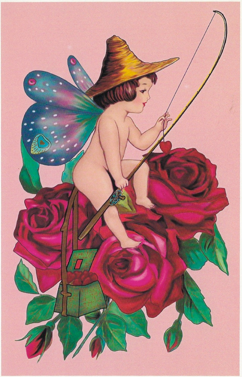 A whimsical illustration of a fairy with butterfly wings, wearing a hat, seated on a large pink rose while holding a fishing rod, titled "To My Valentine" is featured on the Cupid Messenger Valentine's Day Greeting Card by Greeting Cards brand.