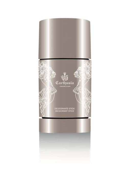 A silver and white Carthusia Uomo Deodorant Stick by Carthusia I Profumi de Capri, featuring an elegant design with intricate white line art of seahorses and floral patterns on the label.
