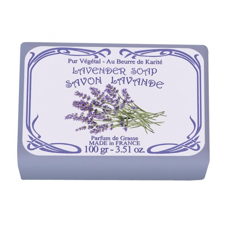 A bar of Le Blanc Lavender Wrapped Soap with an illustration of lavender sprigs on the packaging, labeled in French and English, stating it's made in Grasse, France, and contains shea butter.