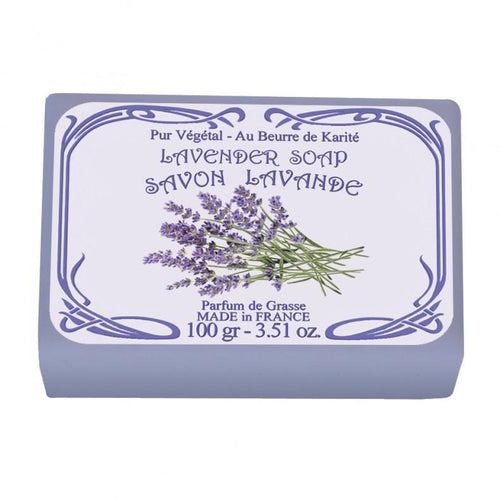 A bar of Le Blanc Lavender Wrapped Soap with an illustration of lavender sprigs and text that includes "handcrafted soap" and "made in France" on blue packaging.