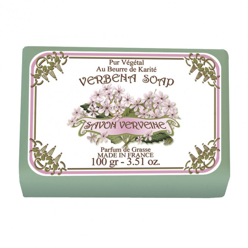 A bar of Le Blanc Verbena Wrapped Soap in a green wrapper, labeled "pur végétal au beurre de karité" and "perfume Verbena". It is adorned with floral illustrations and states Made in France by Le Blanc.