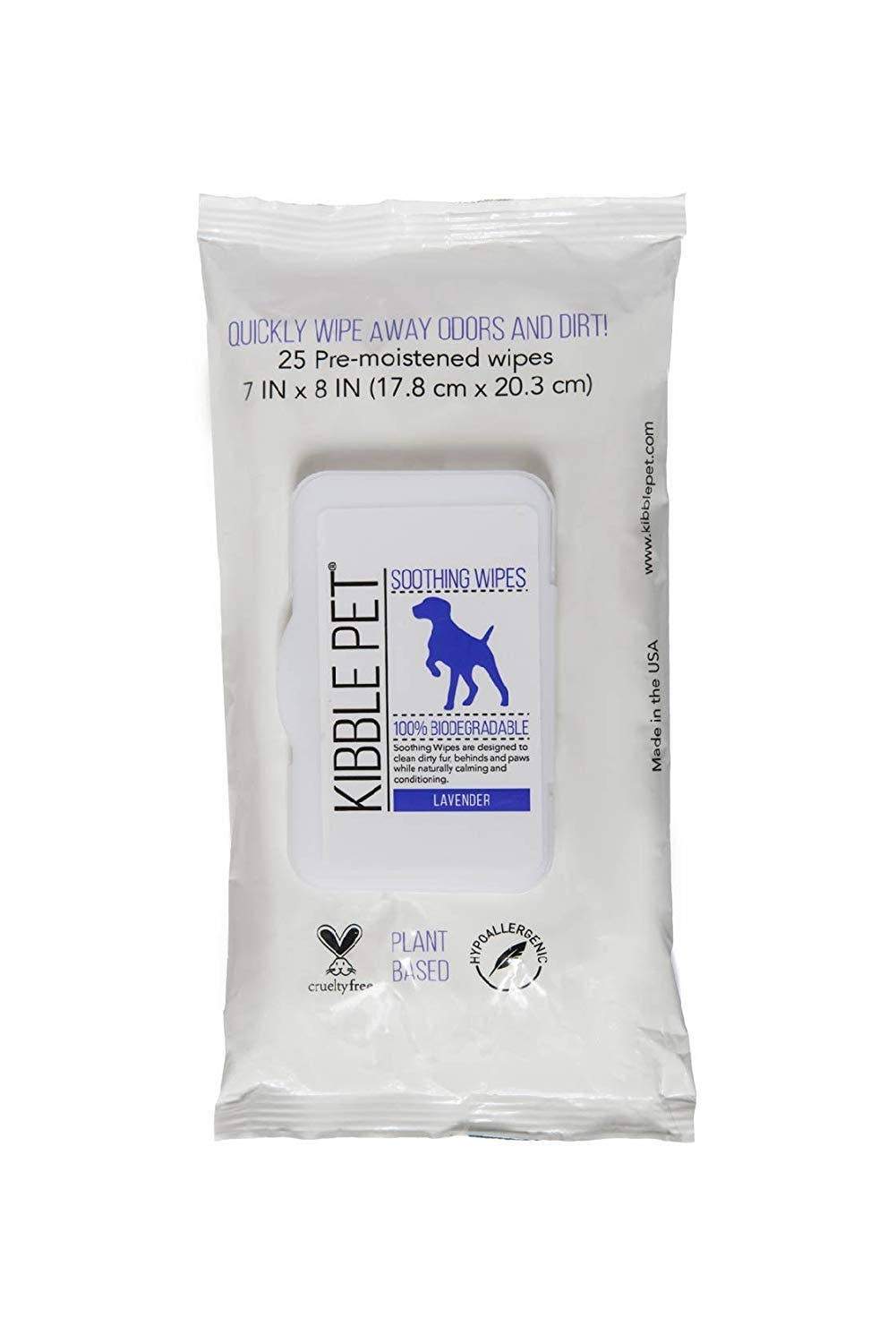 A package of Dr. Sniff - Soothing Lavender Wipes for Dogs, with 25 pre-moistened wipes indicated. It features icons for cruelty-free and plant-based, and a lavender scent is specified.