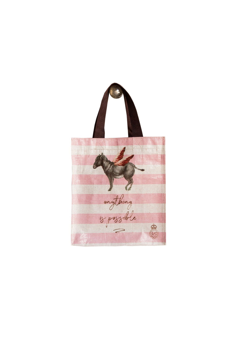 A Margot Elena TokyoMilk Tote Bag with a pink and white striped design featuring an illustration of a winged horse captioned "anything is possible," accented with a small floral motif near the bottom right.