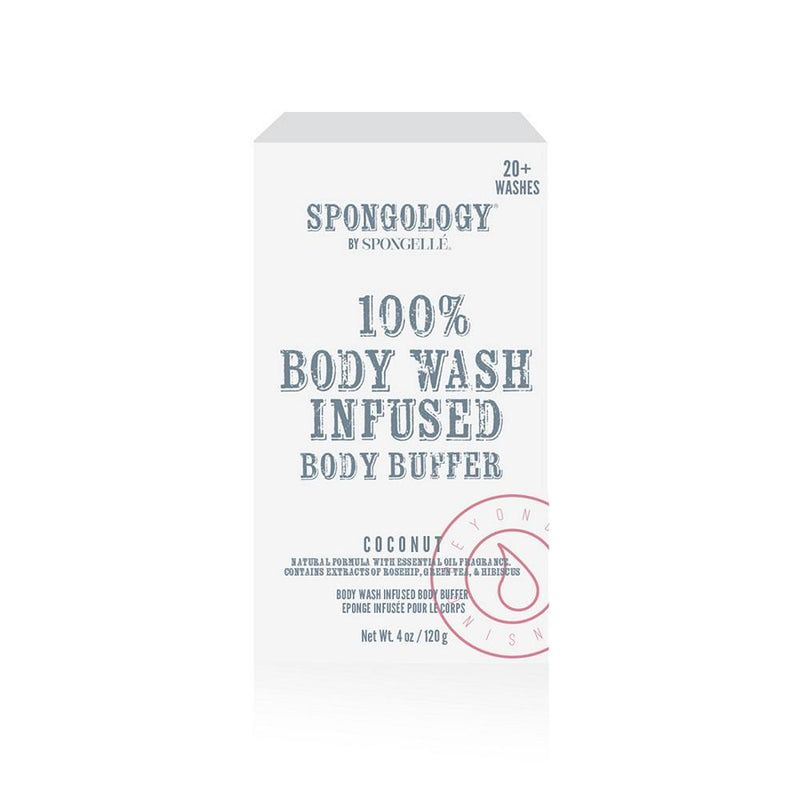 A product image of an eco-friendly Spongellé - Spongology Body Buffer Coconut package with coconut scent, noting 20+ washes, made to exfoliate and cleanse with a weight of 4 oz.