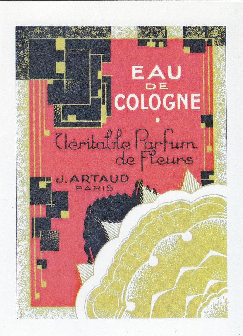 Vintage advertisement for "All Occasion Greeting Card - Eau de Cologne" by Greeting Cards, featuring bold geometric and floral designs in dark pink.