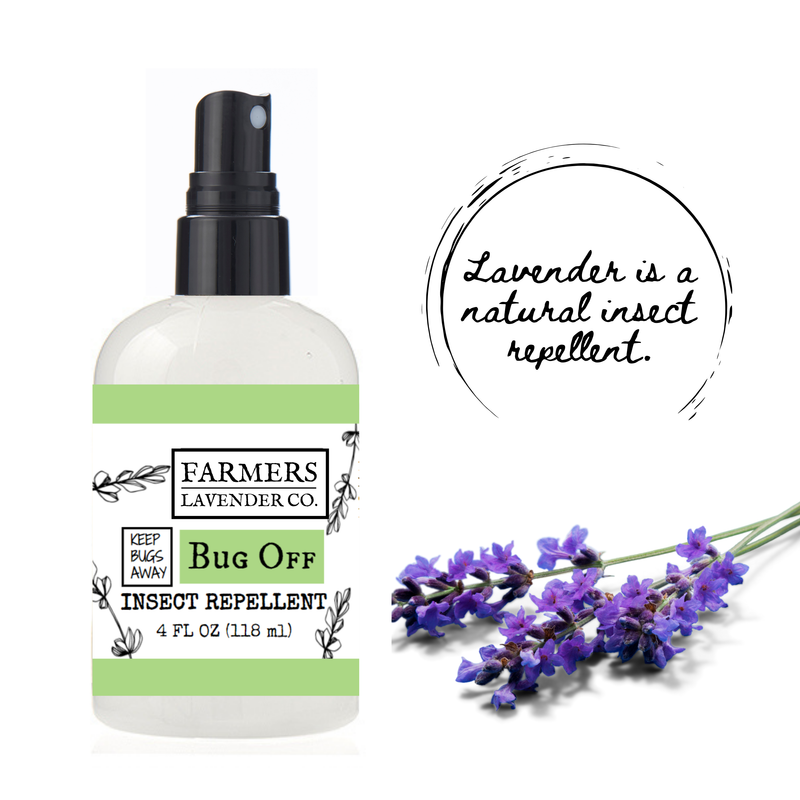 A bottle of FARMERS Lavender Co. - Bug Off Natural Insect Repellent spray with a label that includes the text “keep bugs away naturally,” alongside a sprig of fresh lavender and a handwritten note stating "lav.