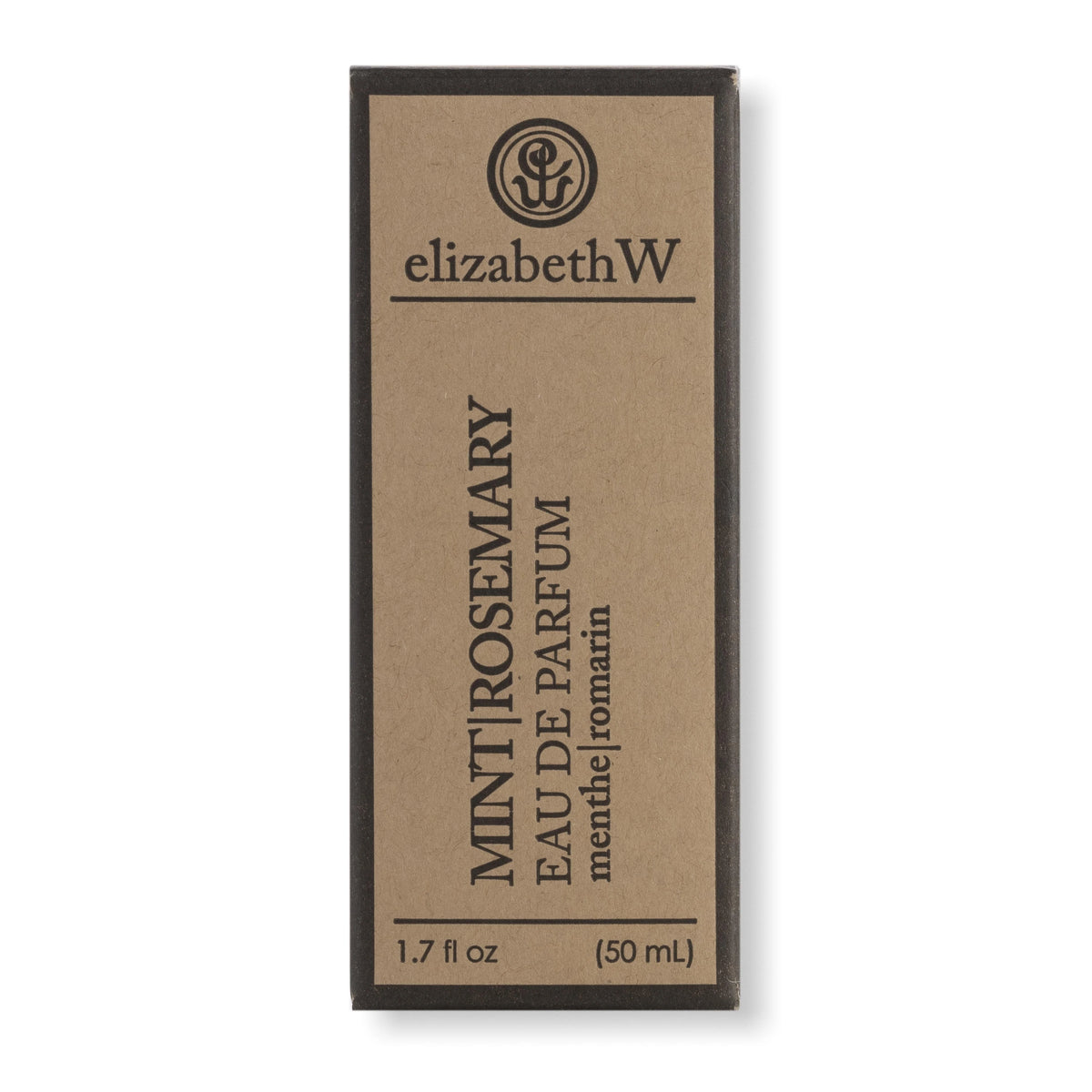 A rectangular box of Elizabeth W brand Purely Essential Mint Rosemary Eau de Parfum, 1.7 fl oz (50 ml), displayed on a light background. The packaging is primarily brown with