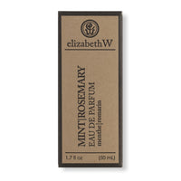 A rectangular box of Elizabeth W brand Purely Essential Mint Rosemary Eau de Parfum, 1.7 fl oz (50 ml), displayed on a light background. The packaging is primarily brown with
