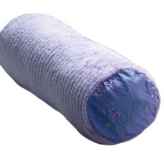 A Sonoma Lavender Embroidered Lavender Bolster Lumbar/Neck Roll with lavender flowers pattern ends and a textured surface.