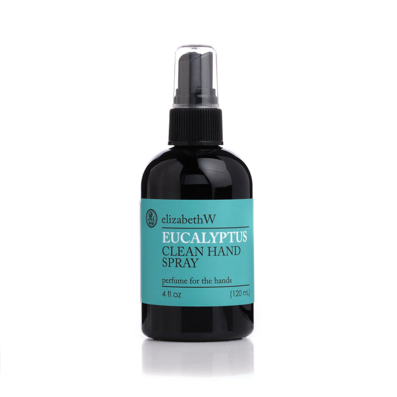 A black bottle of elizabeth W Botanical Beauty Eucalyptus Clean Hand Spray - 4oz with a clear cap.