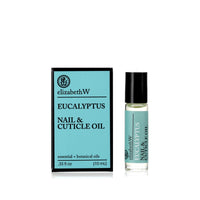 A bottle of elizabeth W Botanical Apothecary Eucalyptus Nail & Cuticle Oil next to its packaging box, both prominently displayed on a white background.