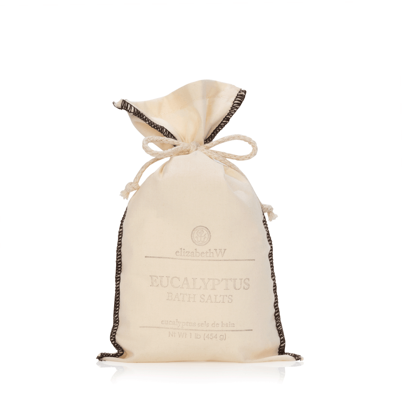 A small fabric drawstring pouch labeled "elizabeth W Purely Essential Eucalyptus Bag of Salts" containing 45g of natural salts minerals, on a white background.