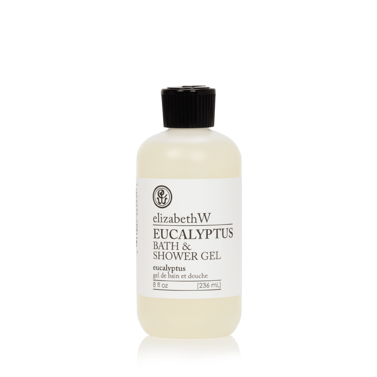 A bottle of elizabeth W Purely Essential Eucalyptus Bath & Shower Gel with a black cap, labeled clearly in black and green text against a white background.