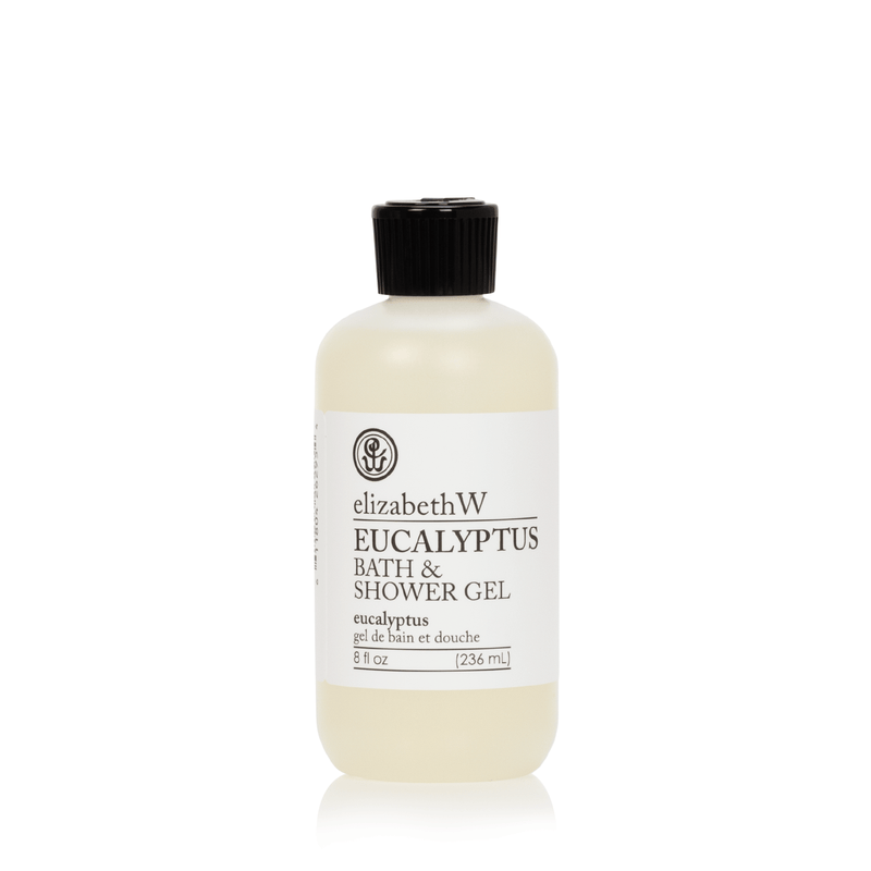 A bottle of elizabeth W Purely Essential Eucalyptus Bath & Shower Gel with a black cap, labeled clearly in black and green text against a white background.