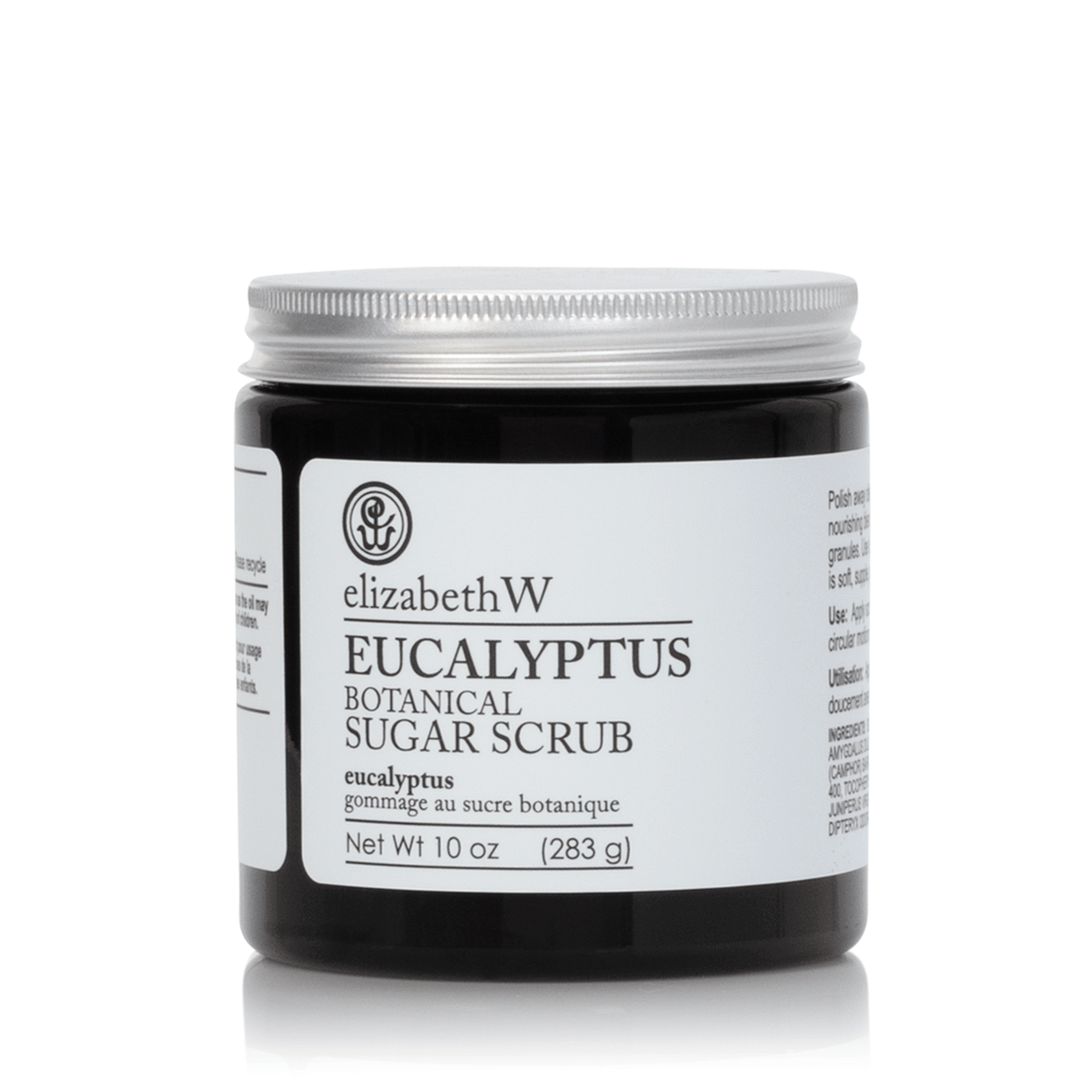 A jar of elizabeth W Purely Essential Eucalyptus Sugar Scrub on a white background. The label includes product details and net weight of 10 oz (283 g).