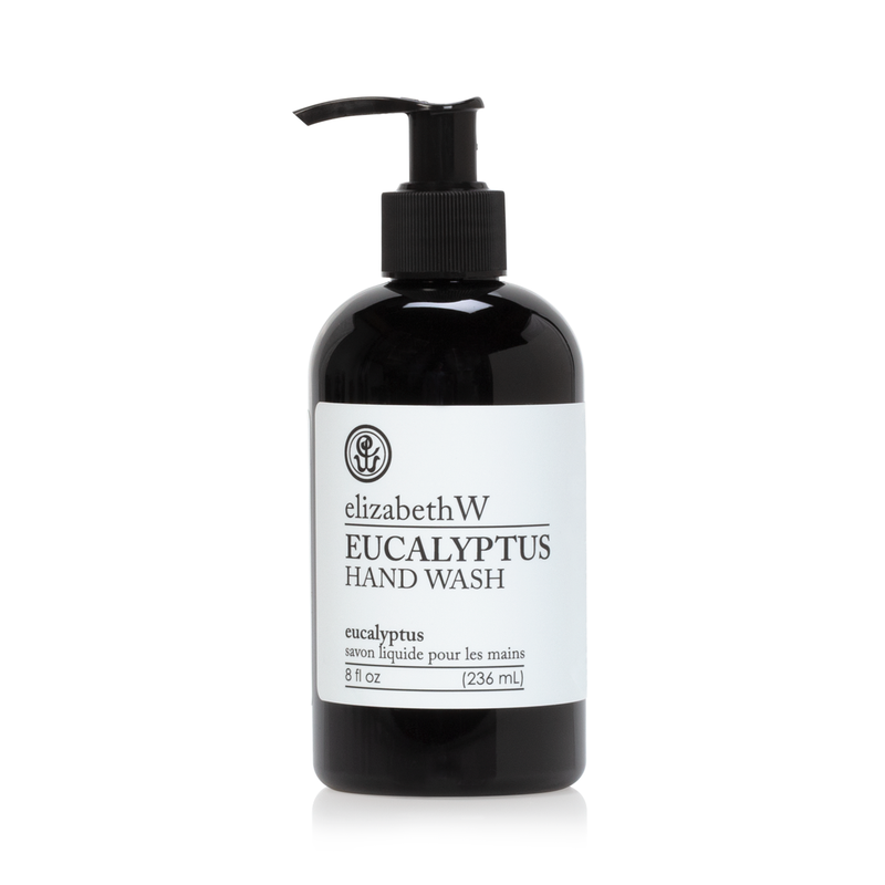 A black bottle of elizabeth W Purely Essential Eucalyptus Hand Wash with a pump dispenser, labeled clearly in white text, isolated on a white background.