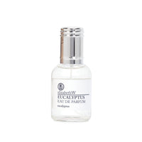 The elizabeth W Purely Essential Eucalyptus Eau de Parfum comes in a clear glass bottle with a silver cap, featuring a refined balsamic composition. The white label with black text displays the brand name and eucalyptus scent against a plain white background.