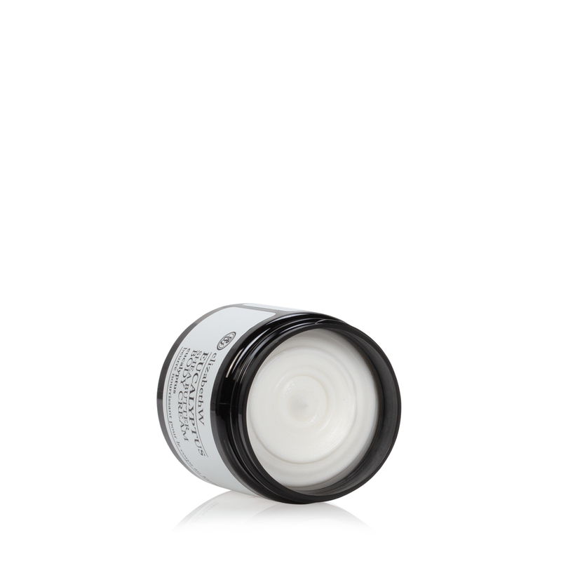 A jar of Elizabeth W Purely Essential Eucalyptus Body Cream with an open black lid, isolated on a white background, showing product details on the side.