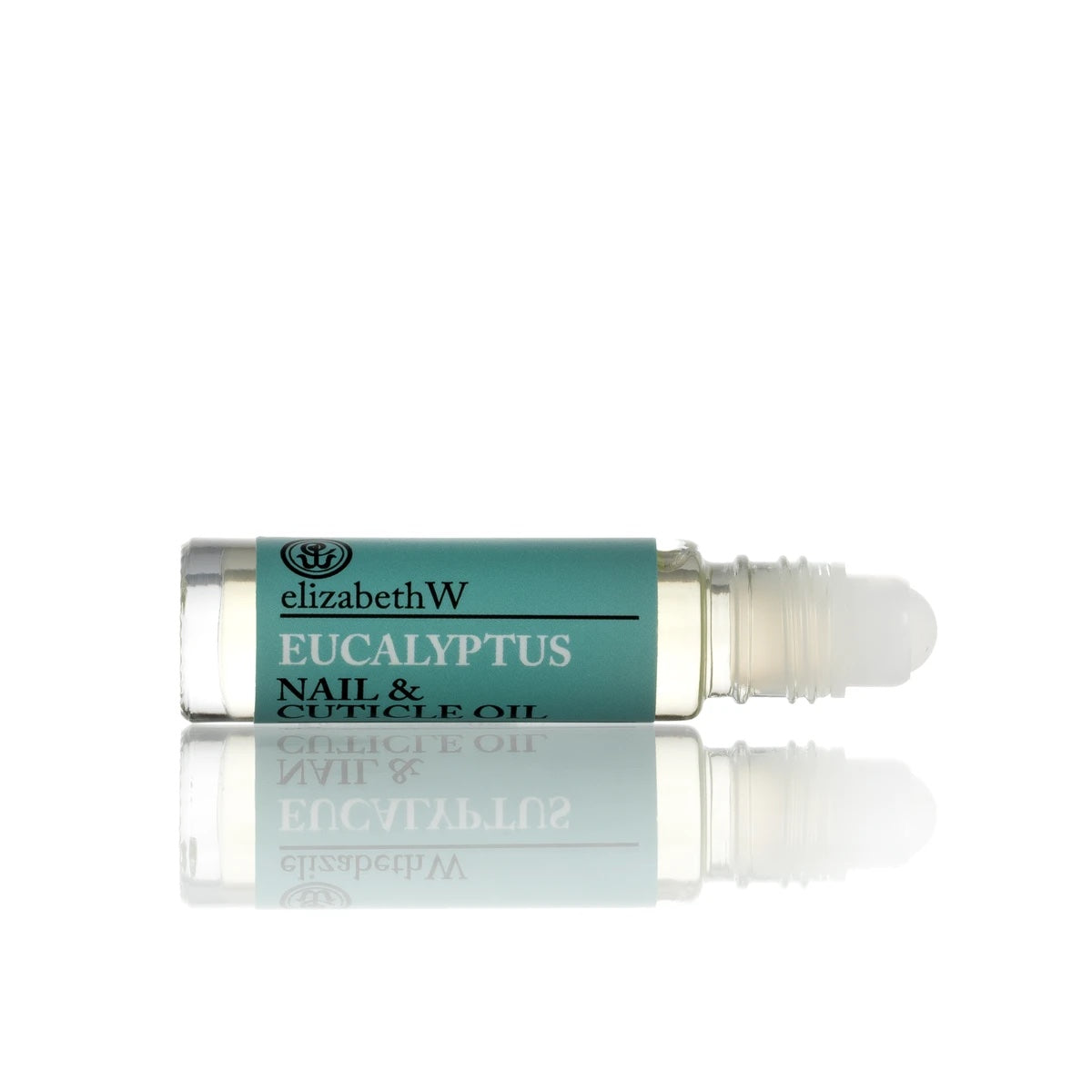 A roll-on bottle of elizabeth W Botanical Apothecary Eucalyptus Nail & Cuticle Oil, with a teal and white label, displayed on a reflective white surface.