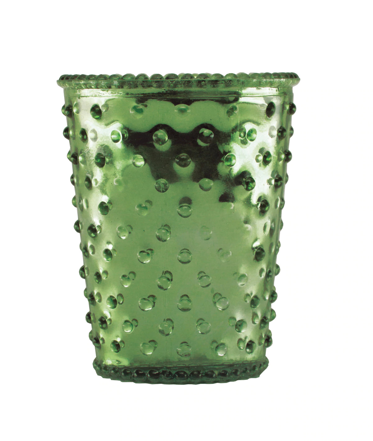 A green glass vase with a textured surface featuring raised dots and a scalloped edge, isolated on a white background, reminiscent of an evergreen forest fragrance, similar to the Simpatico NO. 78 Evergreen Hobnail Glass Candle.