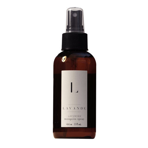 A brown spray bottle with a white label that reads "Lavande - Lavender Mosquito Spray 4oz, 118 ml" against a white background.