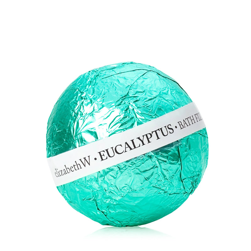 A turquoise colored elizabeth W Eucalyptus Fizz Ball wrapped in clear plastic with a white label reading "elizabeth w. eucalyptus bath fizz" on a white background.