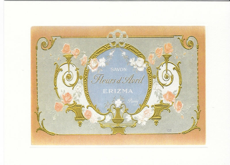 Vintage All Occasion Greeting Card featuring ornate gold and white designs with pink roses, centered around an oval with the text "savon fleurs d'avril erizma" on a grey background, enclosed in.