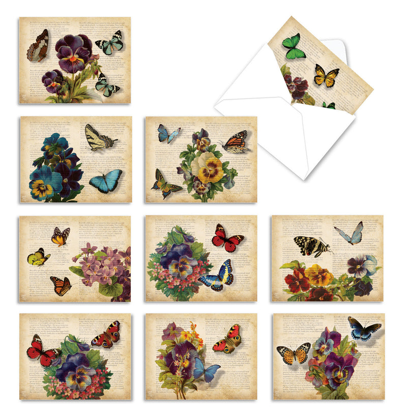 A collage of Victorian stylings showing The Best Card Co.'s All Occasion Boxed Note Cards - Fluttering Words, featuring assorted note cards with vintage pansy and butterfly images on old paper backgrounds, along with a face mask featuring a similar butterfly design.