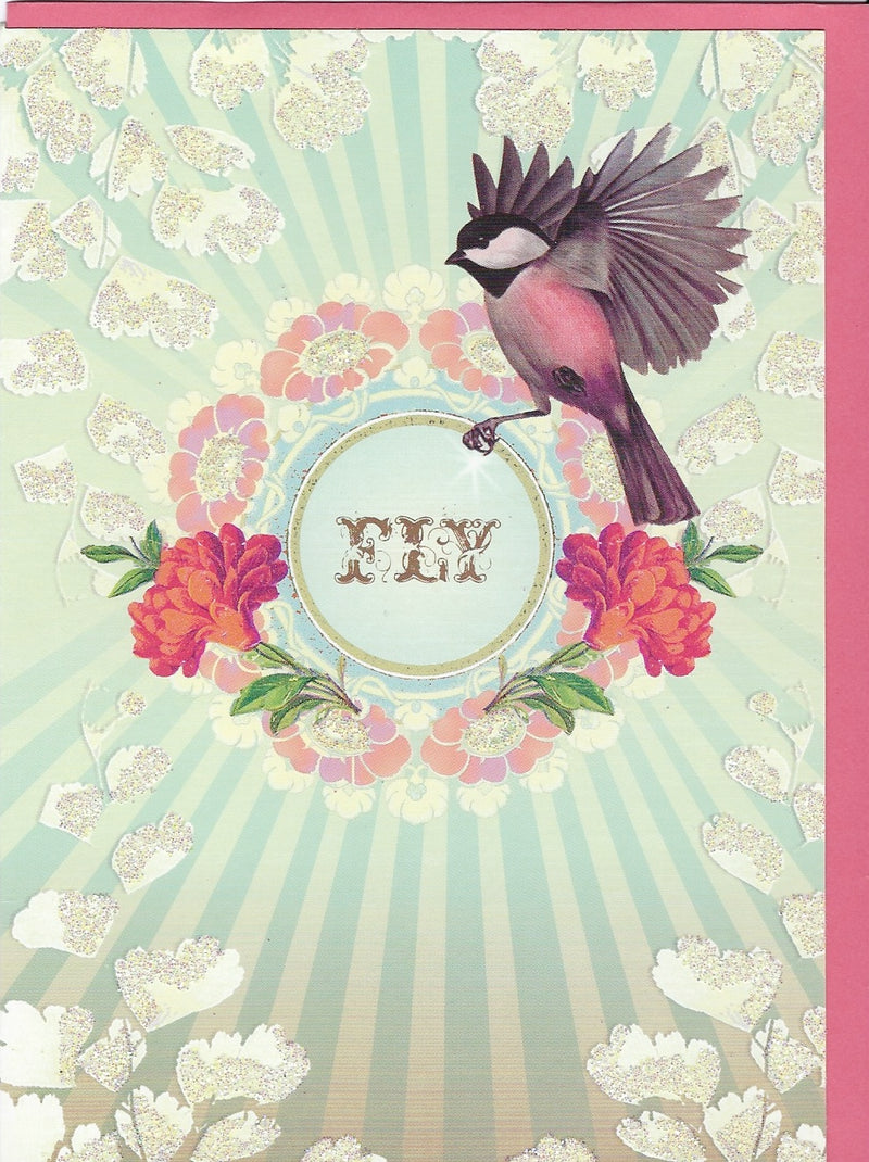 A vibrant Greeting Cards featuring a pinkish background with a geometric pattern, surrounded by white butterflies. In the center, a frame with red flowers and a perched bird above the initials "fj".