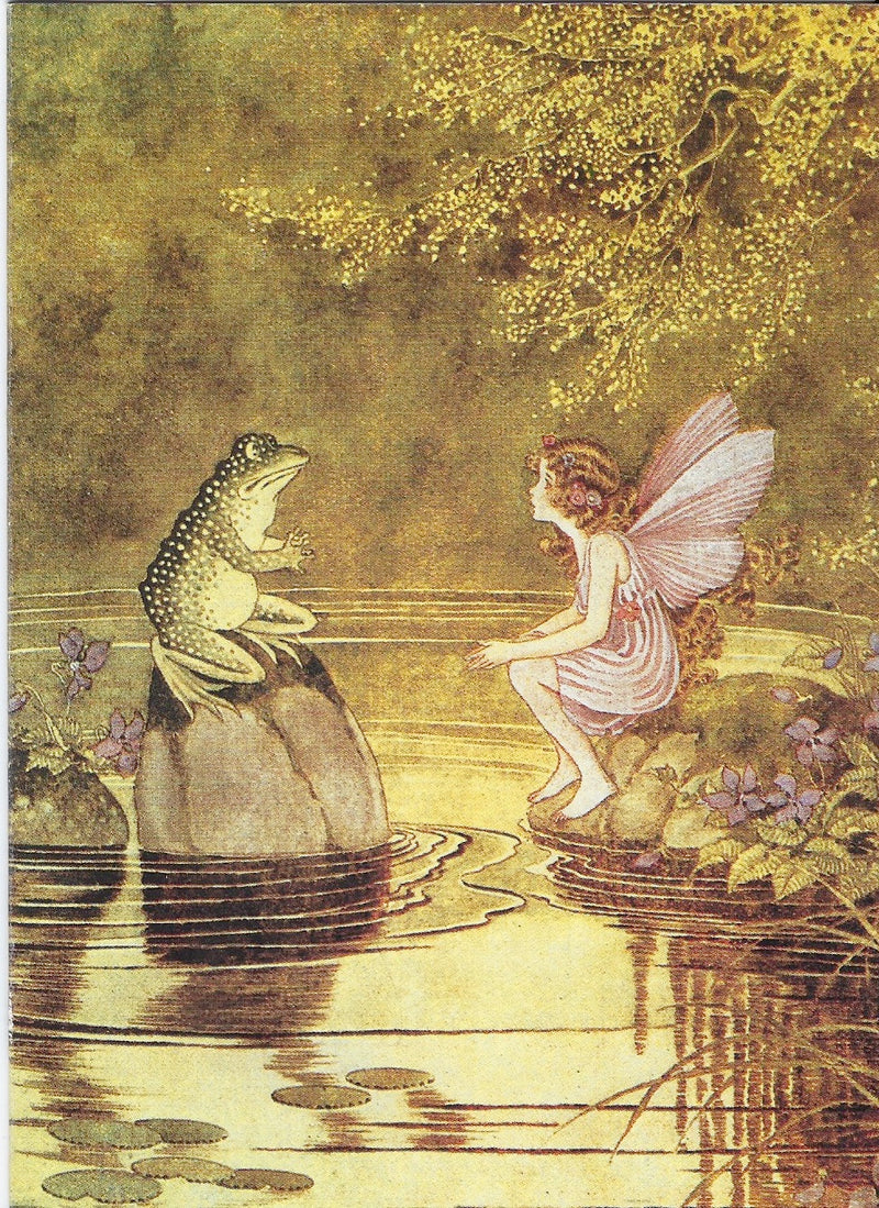 An illustration of a fairy with butterfly wings crouched on a rock facing a large frog, set against a golden, textured background with floral details surrounding an All Occasion Greeting Card - The World is Full of Fairies from Greeting Cards.