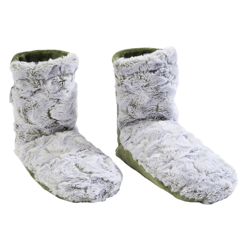 A pair of fluffy white Sonoma Lavender Eucalyptus Frosted Moss Spa Booties with a plush, textured exterior, designed to keep feet warm and cozy. The slippers are shown against a plain white background.