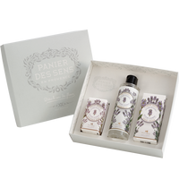 A Panier Des Sens shower gift set featuring lavender essential oil-themed body care products, including lotions and creams, in a decorative box with the brand name displayed.