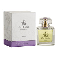 A bottle of Carthusia Gelsomini di Capri Profumo perfume beside its elegant white and purple packaging box, displaying the brand Carthusia I Profumi de Capri, infused with Jasmine from Captri.