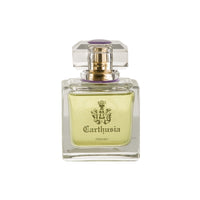 A transparent glass perfume bottle with a square base and a faceted cap. The label displays the brand "Carthusia I Profumi de Capri" featuring a crest, and "Carthusia Gelsomini di Capri Profumo" beneath.