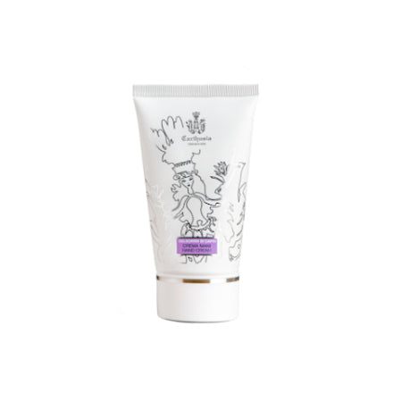 A tube of Carthusia Gelsomini di Capri Hand Creme by Carthusia I Profumi de Capri on a white background, featuring an outlined illustration and a purple label.