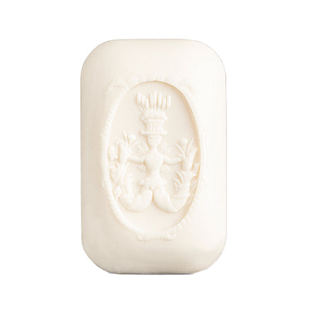 A bar of Carthusia Gelsomini di Capri Bath Soap with a decorative embossed design featuring floral elements and a central emblem with a crown on top, isolated on a white background.