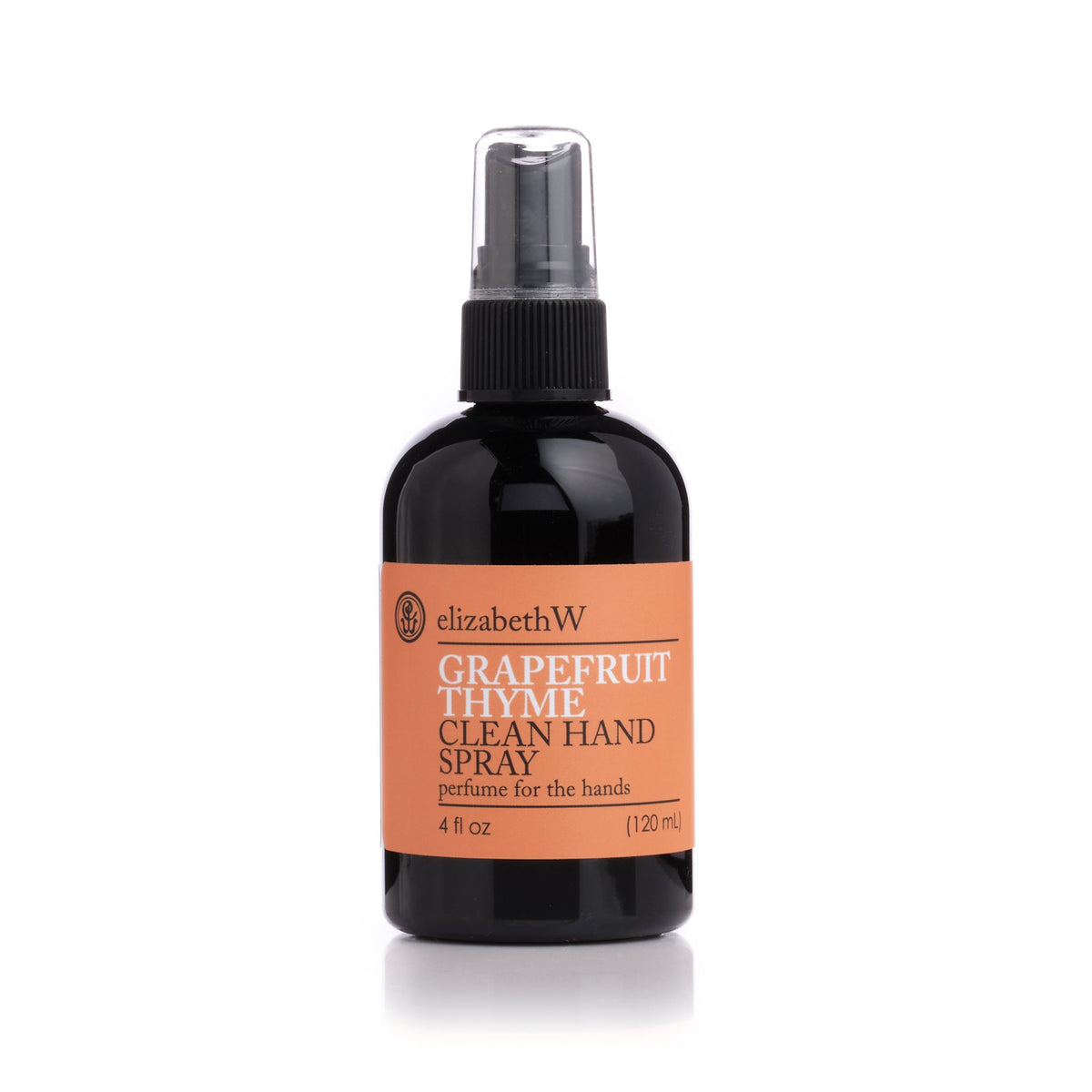A bottle of elizabeth W Botanical Beauty Grapefruit Thyme Clean Hand Spray with a citrus aroma and a spray nozzle, labeled clearly and set against a white background. The bottle is 4 fl oz (120mL).