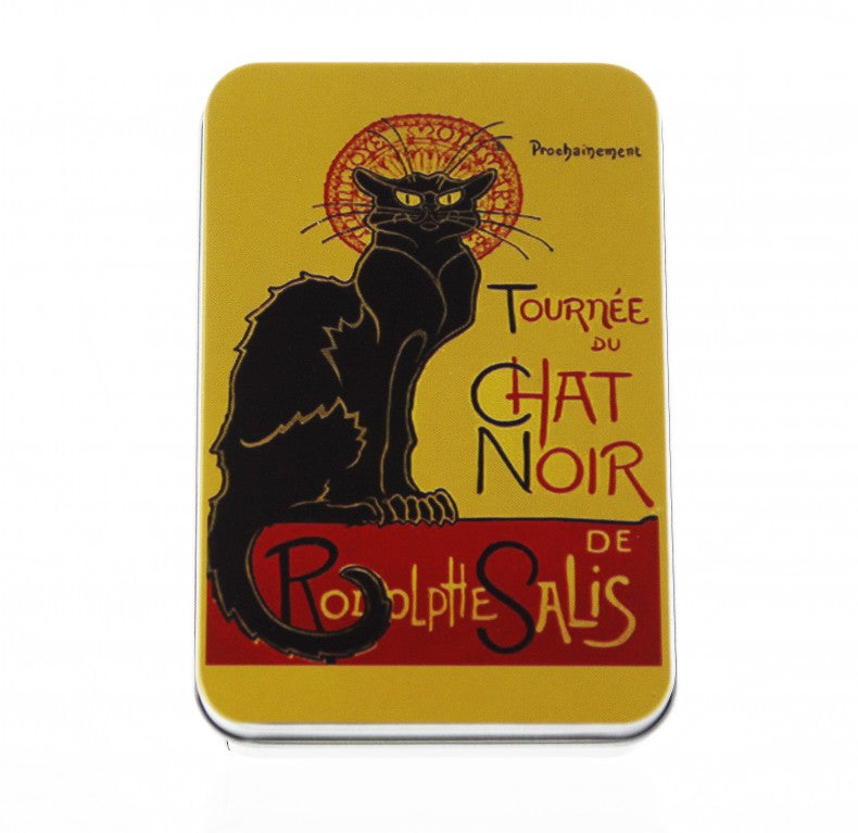 A yellow rectangular Le Blanc Made in France Chat Noir Tin Box featuring the iconic "le chat noir" poster with a black cat and art nouveau elements, including text "tournee du chat noir de rodolphe salis", now holding Le Blanc Assorted Guest Soaps.