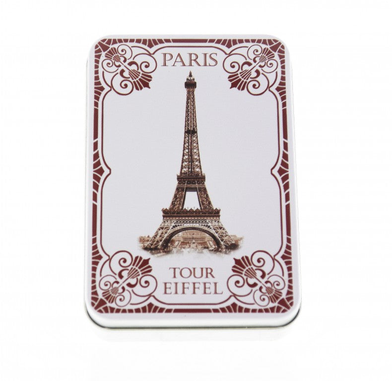 A rectangular souvenir magnet featuring a detailed image of the Eiffel Tower with the text "Paris" and "Tour Eiffel" on a decorative white and maroon border inspired by Le Blanc Assorted Guest Soaps Eiffel Tower 1900 Tin Box from Le Blanc Made in France.