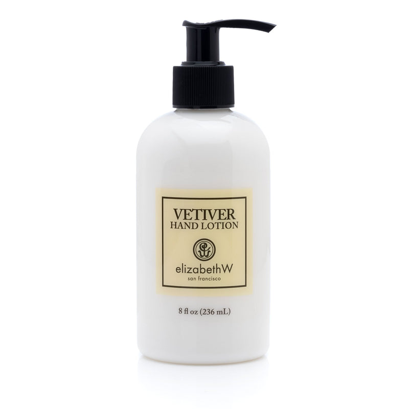 A bottle of Elizabeth W Signature Vetiver Hand Lotion, with a black pump dispenser, labeled clearly in front of a white background. The container holds 8 fl oz (236 ml) of product.