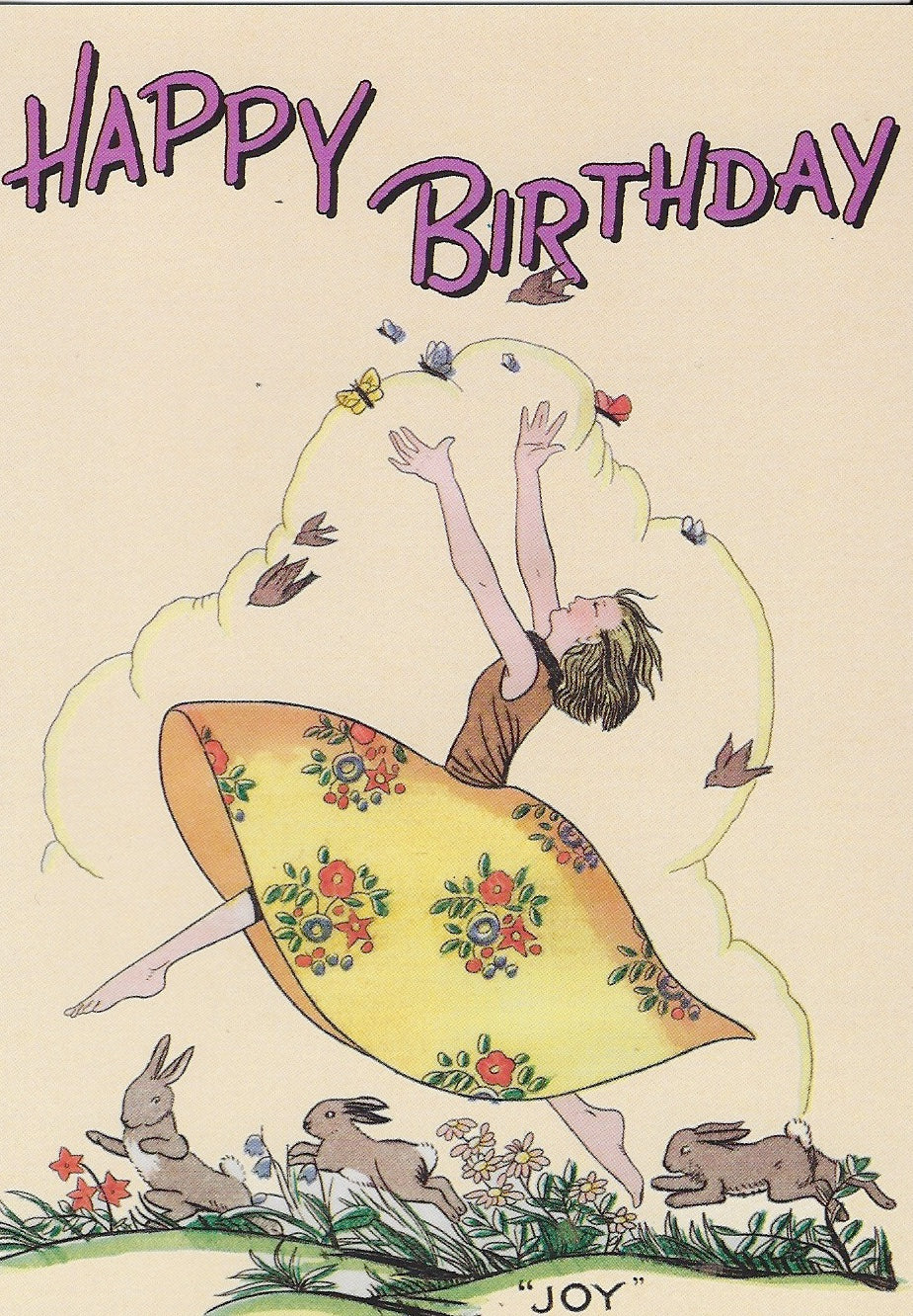 A vintage "Happy Birthday" Greeting Cards illustration featuring a joyful girl dancing with a large yellow skirt among frolicking rabbits and flowers, with birds circling above, conveying true wishes.