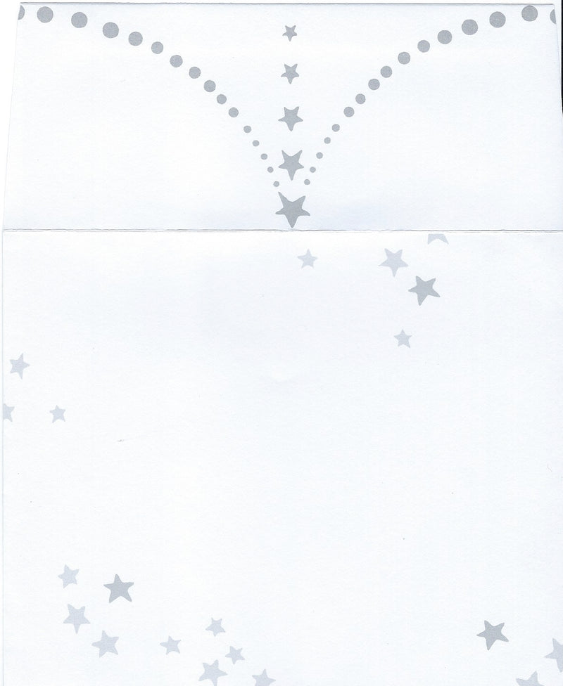 Scan of a white decorative envelope with a pattern consisting of gray dots and stars arranged in arched lines and scattered randomly across the page by Greeting Cards' Birthday Greeting Card - A Happy Birthday.