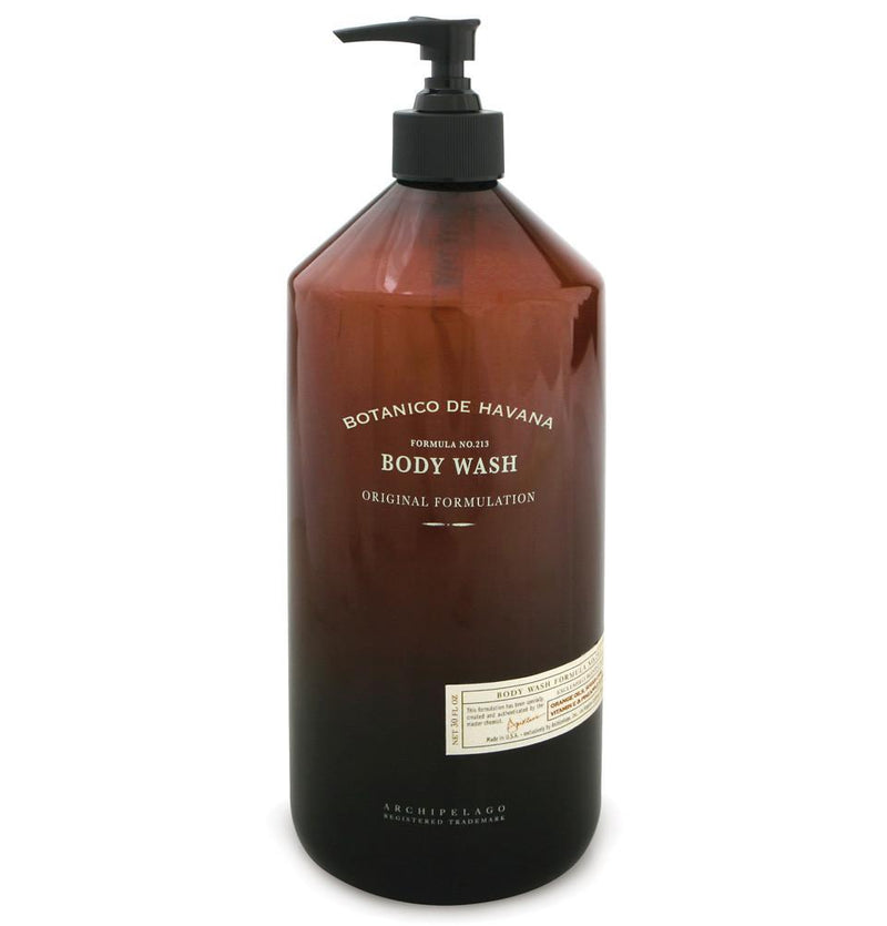 A large pump bottle of Archipelago Botanico de Havana Body Wash, labeled "original formulation," featured against a plain background. The bottle is brown with white and black text and highlights natural ingredients.
