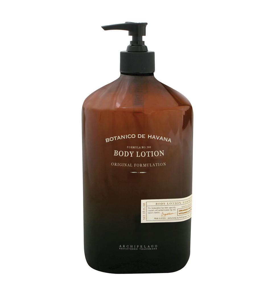 A large amber bottle of Archipelago Botanico de Havana body lotion with a black pump dispenser, labeled clearly in elegant white and black text.