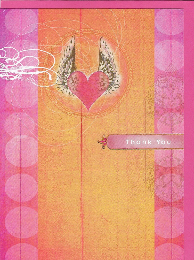 A vibrant All Occasion Greeting Card - Heart Wing Thank You from Greeting Cards featuring a winged heart on a pink and orange striped background with abstract white designs. A "thank you" label is prominently displayed, and it comes with a dark pink envelope.
