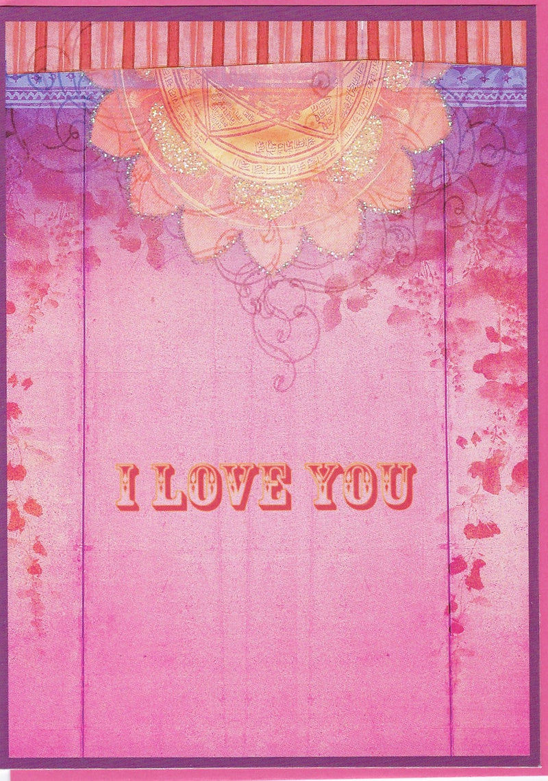A vibrant greeting card with "i love you" text in the center, decorated with abstract pink and purple watercolor splashes, and an intricate golden motif at the top. It comes with a dark All Occasion Greeting Card - I Love You from Greeting Cards.