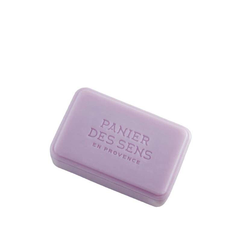 A rectangular lavender-colored bar of Panier Des Sens Extra-Soft Vegetable Soap - Imperial Violet with the words "panier des sens en provence" embossed on it, isolated against a white background.